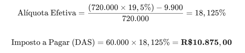 $$\text{Alíquota Efetiva} = \frac{(720.000 \times 19,5\%) - 9.900}{720.000} = 18,125\%$$ 

$$\text{Imposto a Pagar (DAS)} = 60.000 \times 18,125\% = \mathbf{R\$ 10.875,00}$$